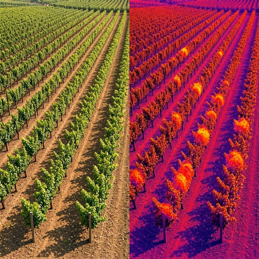 Szőlőültetvény normál RGB és hőkamerás összehasonlító nézete növényállapot-felméréshez